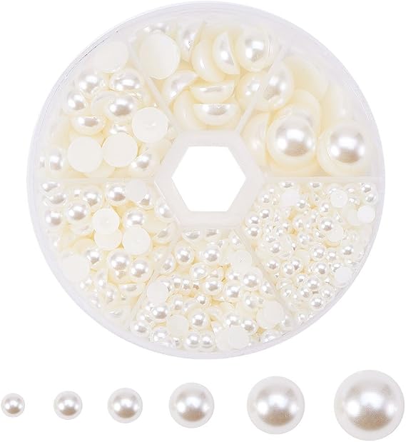 PH PandaHall Flat Back Pearl Beads 690pcs 6 Sizes Beige Craft Pearl Cabochons Half Pearls Loose Beads Gem for Nails Cup Shoes Wedding Dress Scrapbooking Diamond Phone Nail Art Making 4/5/6/8/10/12mm