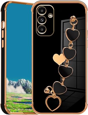 Compatible with A14 5G Case Silicone with Heart Wrist Strap Chain Pink,Plating for Galaxy A14 5G Phone Case Shockproof Thin and Soft Cover Black