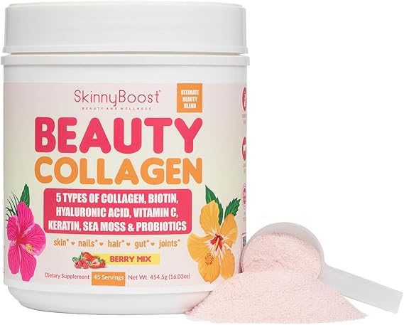 Beauty Collagen Powder-5 Types of Hydrolyzed Collagen, Sea Moss, Biotin, Keratin, Hyaluronic Acid, Vitamin C and ProbioticsHair, Skin, Nails- All Natural, Made in USA-45 Servings- Mixed Berry