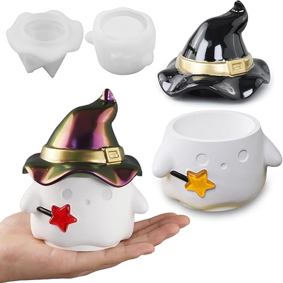 Wehous Halloween Resin Jar Molds with Lids, Unique Ghost Witch Shape Box Silicone Molds, Cute Candle Holder Storage Container Mold for Resin Concrete, Halloween Ornament Candy Holder Art Craft Mould