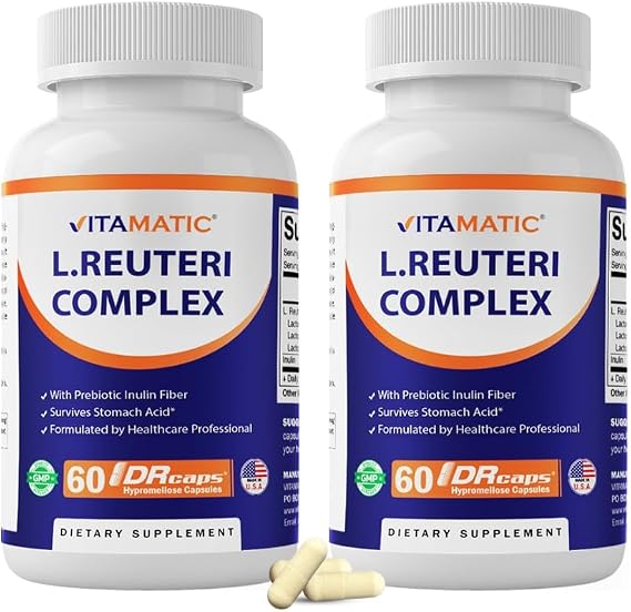 Vitamatic Lactobacillus Reuteri Complex 22 Billion CFU per Delayed Release Capsule 60 Capsules Digestive & Gut Health Support with Prebiotic Inulin Fiber - 2 Pack