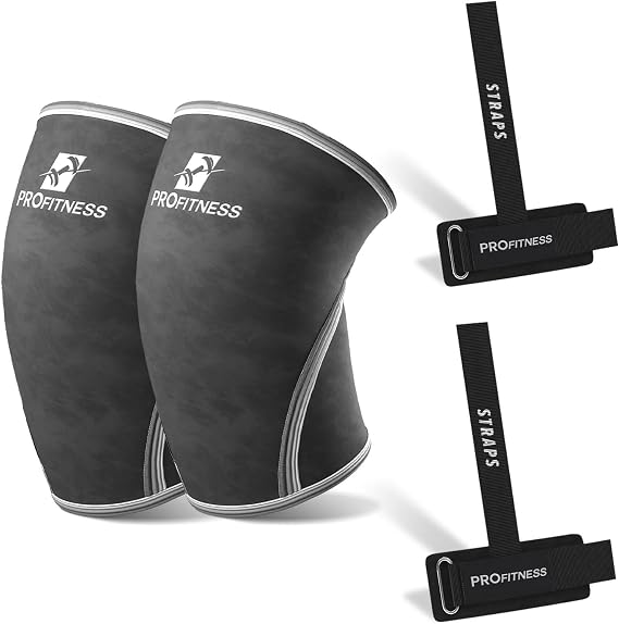 ProFitness Weightlifting Straps & 7mm Knee Sleeves - Padded Neoprene Wrist Straps with Non-Slip Grip & Premium Knee Sleeves for Squats, Powerlifting & Deadlifts for Men & Women