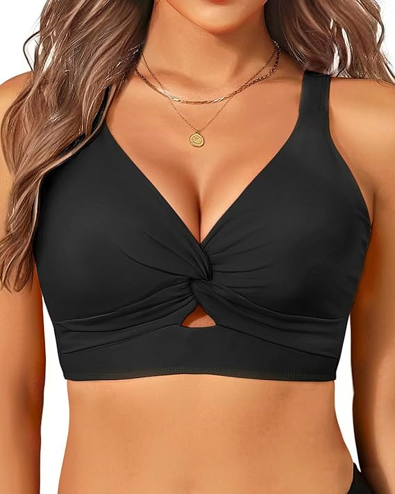 Women Cut Out Twist Bikini Top Only Supportive Large Bust Swimsuit Top | Removable Cups,Wide Underbust Band,Adjustable Wide Straps,Full Lining,Soft Fabric,High Stretch