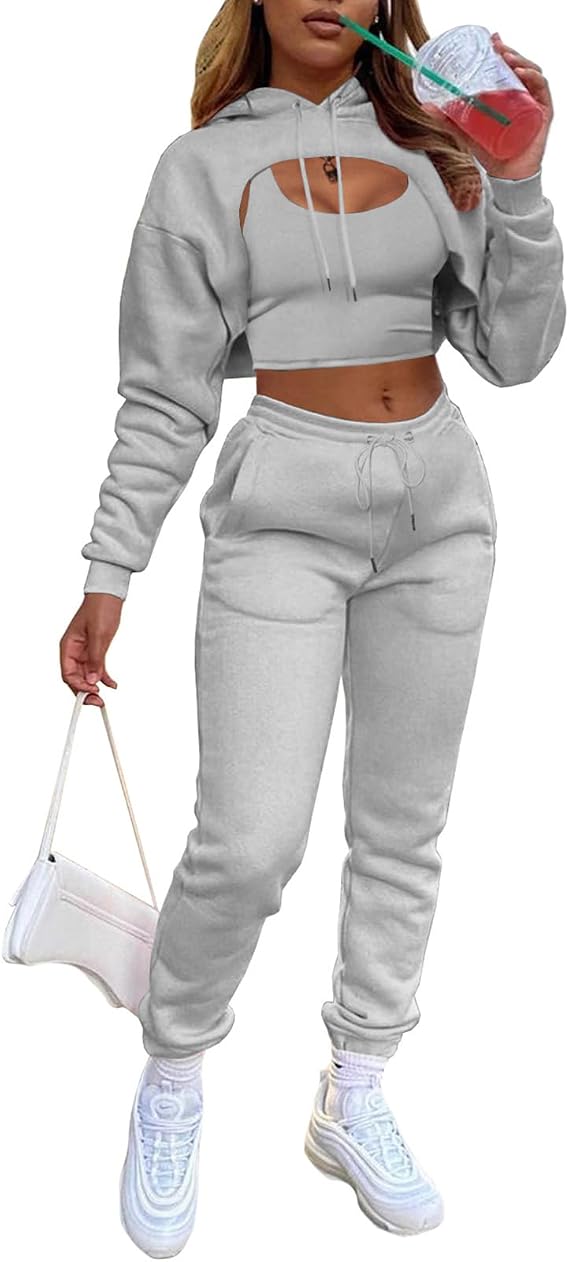 Adogirl Women 3 Piece Outfits Pullover Hoodie Tank Crop Tops Jogging Suits