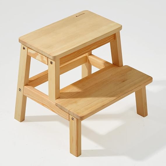Wooden Step Stool for Adults Kids, Solid Wood Bed Step Stool, Multi-Purpose 2-Step Stool for Kitchen, Bed, Bathroom(Wooden)