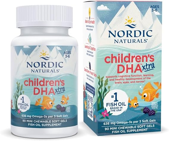 Nordic Naturals Childrens DHA Xtra, Berry Punch - 90 Mini Chewable Soft Gels for Kids - 636 mg Omega-3s EPA & DHA - Cognitive & Immune Function, Learning, Social Development - Non-GMO - 30 Servings | Mini chewable soft gels with delicious berry punch flavor. Kids can swallow or chew. 636 mg omega-3s. 90 count. 30 servings.