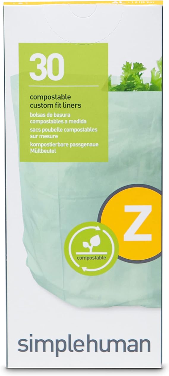 simplehuman Code Z 30 Count Compostable Custom Fit Liners, Certified Compostable Trash Bags for Compost Caddy, Plant-Based PVOH Plastic, Backyard or Commercial Composting, 4 Liter / 1 Gallon