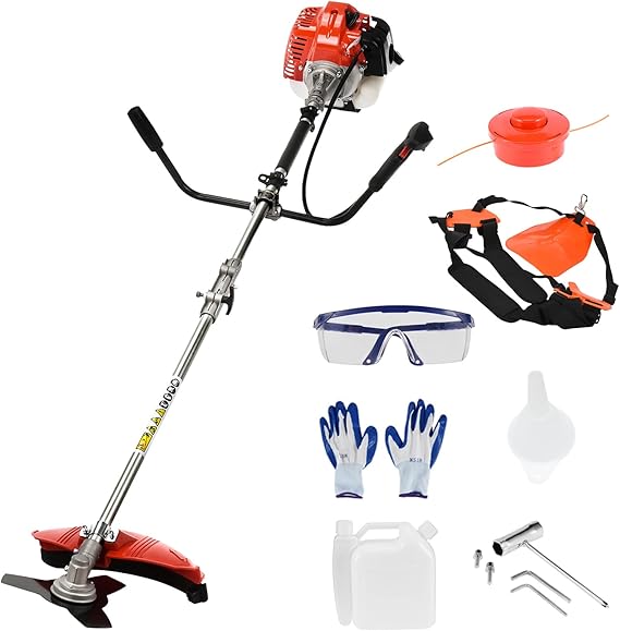 Gas Powered Weed Eater, 2 in 1 Full Functioning HedgeTrimmer 52cc Cordless String Trimmer 2 Stroke Brush Cutter Multi Accessories Garden Lawn Mower - Straight Shaft 3-Teeth Blade