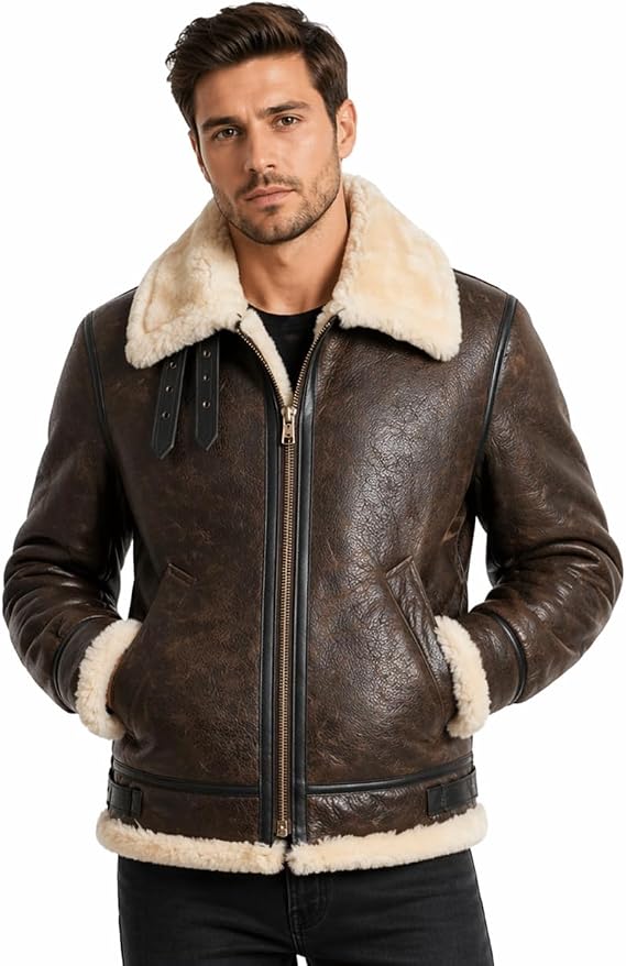 Men's Leon Kennedy RE 4 Genuine Sheep Skin Leather Jacket with Shearling Collar, Brown Aviator Bomber Style