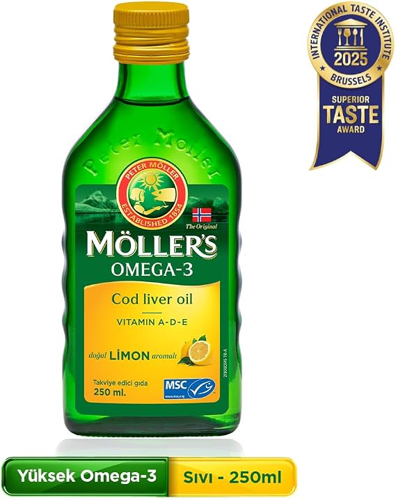 Möller's Omega 3 Doğal Limon Aromalı 250 ml; saf morina balığı yağı, IFOS Onaylı, DHA, EPA, A D E vitamini. Çocuklar ve yetişkinler için doğal omega-3