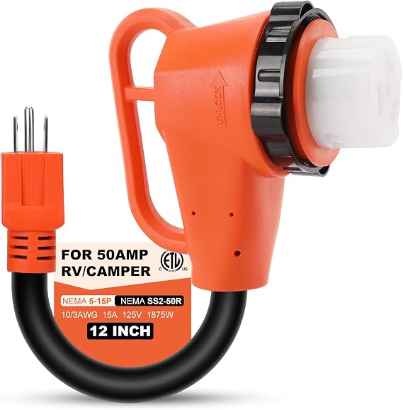 RV 50 Amp to 110 Adapter, NEMA 5-15P to SS2-50R, ETL Listed