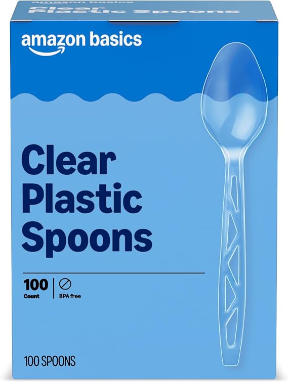 Amazon Basics Disposable Clear Plastic Spoons, Premium Quality, 100 Count, Large Pack, Packaging May Vary