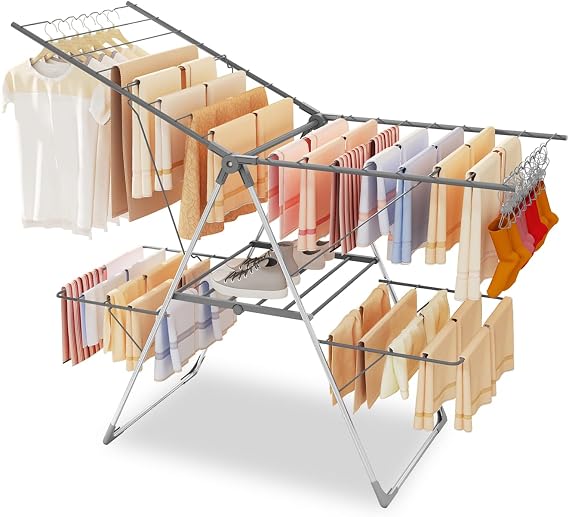Bigzzia Clothes Drying Rack Foldable, 2-Level Large Laundry Drying Rack Collapsible, Stainless Steel Drying Rack Clothing for Indoor Outdoor, Easy to Fold, 33 Drying Rails, 56.1" L 22.7" W, Gray