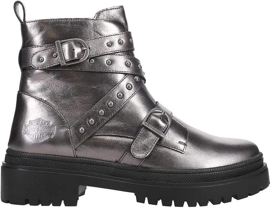 Harley-Davidson Footwear Womens Carrigan Metallic Stud Zippered Motorcycle Casual Boots Ankle Low Heel 1-2"