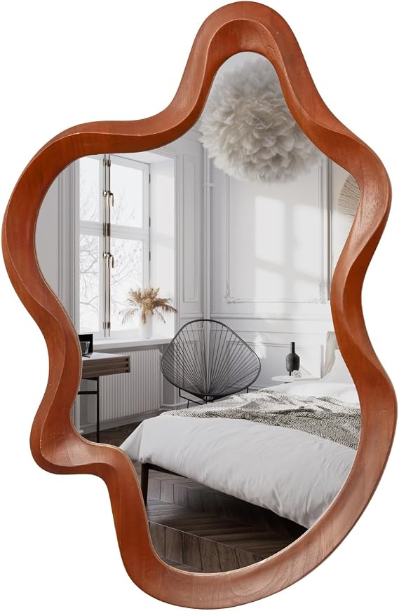 Irregular Wall Mirror,21x32 Wood Asymmetrical Wavy Bathroom Mirror