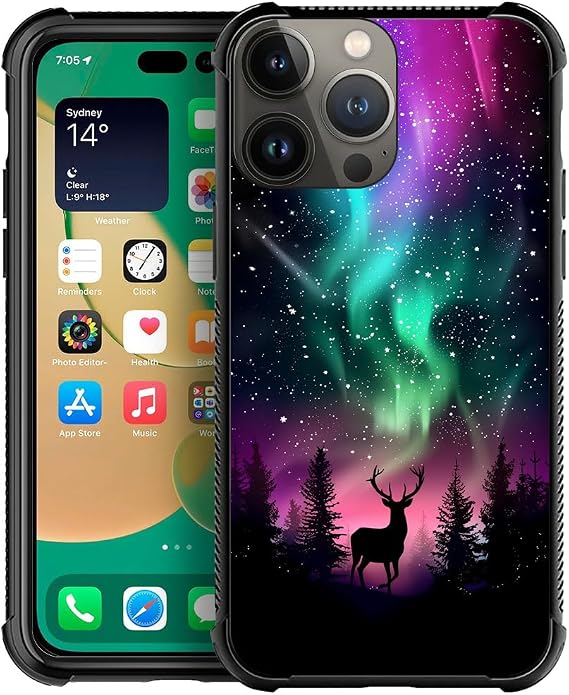 CARLOCA Compatible with iPhone 14 Case,Deer Northern Lights Art Identity Graphic Design Shockproof Anti-Scratch Hard Acrylic Case for iPhone 14