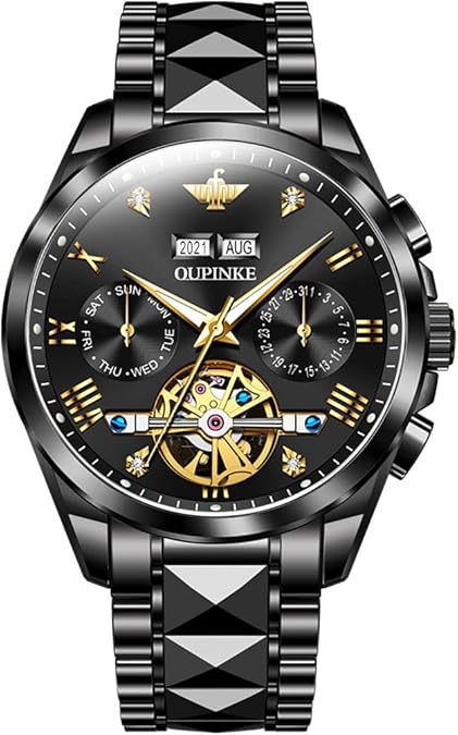 OLEVS Mechanical Dress Mens Watches Square Brown Leather Strap Moon Phase Skeleton Tourbillion Day Date Waterproof Luminous Men's Wrist Watches