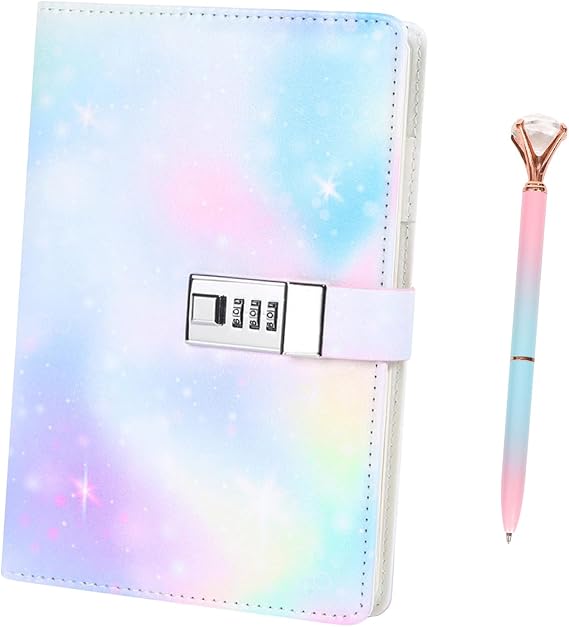 Diary With Lock, A5 Secret Diary for Girls Women Locked Journal Personalised for Teenage Girls Leather Lockable Notebook with Pen for Travel Office, 180 Pages (Starry sky)
