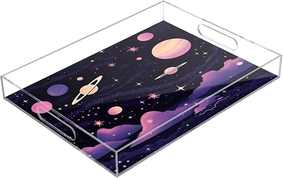 Abstract Planets Serving Tray, Clear Acrylic Decorative Tray - Sturdy Huge Capacity Serving Platters/Kitchen Countertop Tray/Vanity Table Tray 12"x16"
