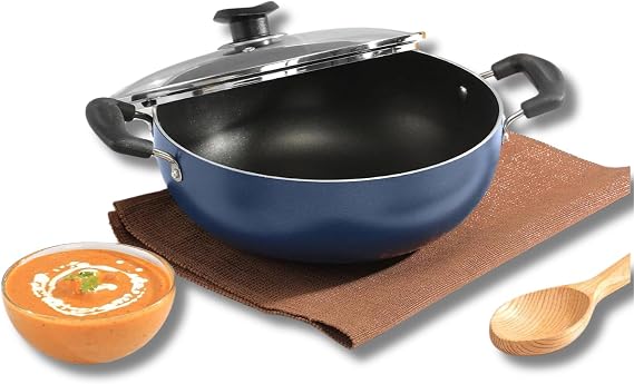 Vinod Cookware Deep Kadai With Lid Blue/Black 2.6 Litres, Blue/Black