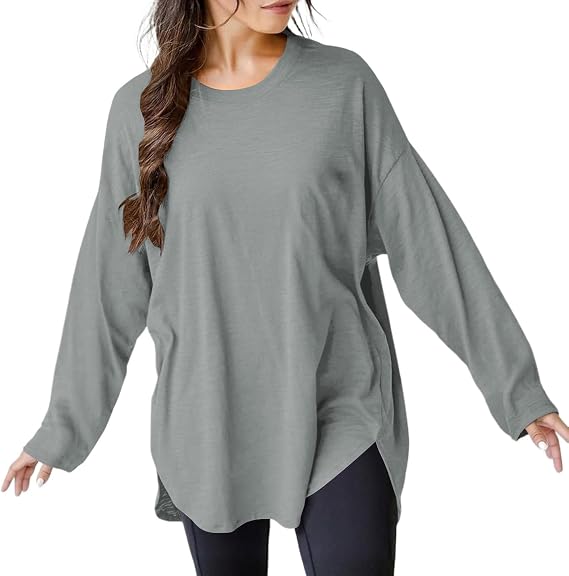 VNIRA Oversized Long Sleeve T Shirts for Women Side Split Round Hem Crew Neck Cotton Work Out Casual Fall Tunic Tops
