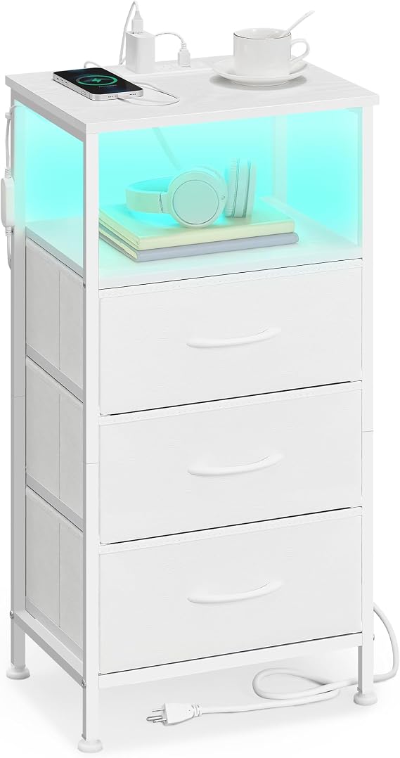 SONGMICS Nightstand with Charging Station, 3 Fabric Drawers