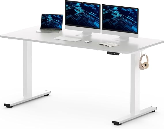 FLEXISPOT 160x80cm Electric Standing Desk Height Adjustable Desk ONE PIECE Sit Stand Desk Stand Up Desk with Memory Smart Pannel (White Frame+ White Desktop)
