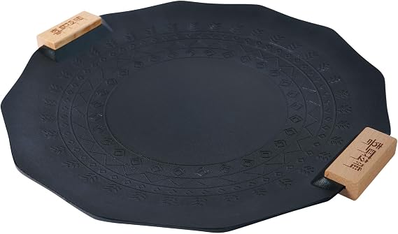 Korean Grill Pan 13.78 Inch Black Nonstick Coating Camp Fire BBQ Griddle Pan with Wood Handle for Indoor Outdoor Fire Camping Induction Gas Stove Electric Cooktop (Black)