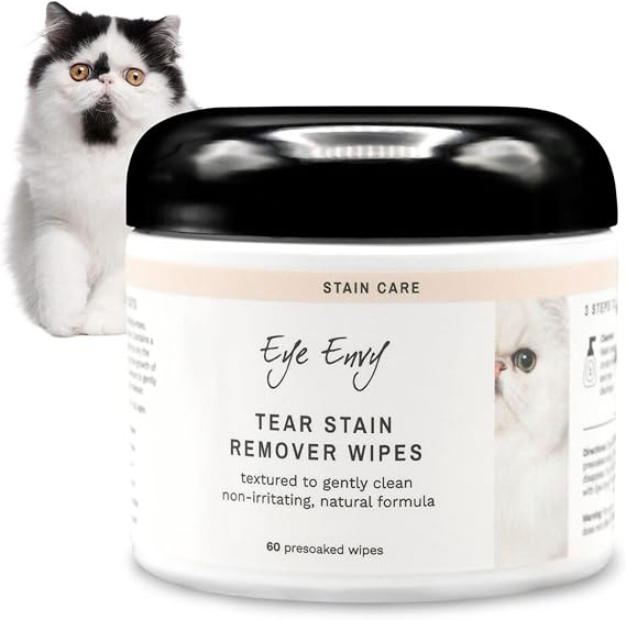 Eye Envy Tear Stain Wipes for Cats. Textured to Gently Clean Tear Stains. Natural Formula. Recommended by Persian & Exotic Breeders, Groomers. USA Made. 60 Cat Eye Wipes