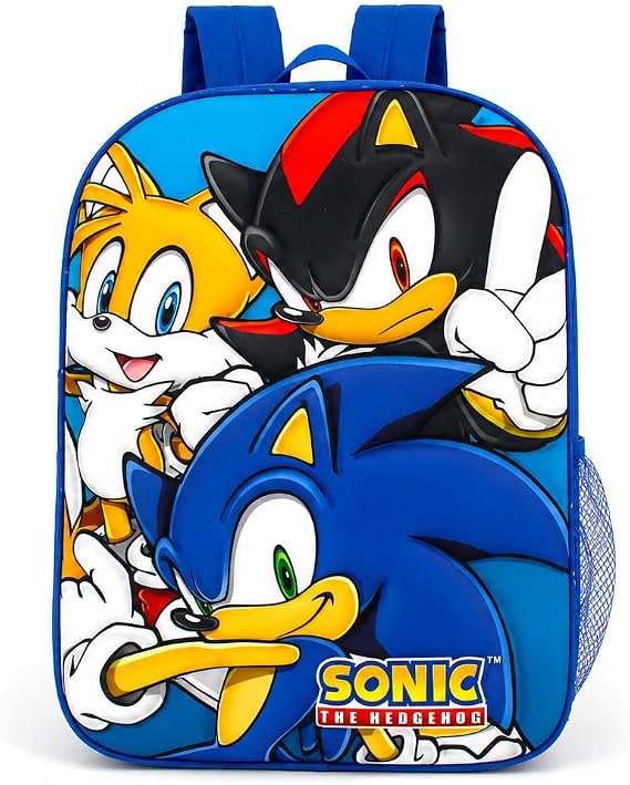 Sonic The Hedgehog Kids Backpack School Bag Full Size 17 Inch with Tails Shadow Character Rucksack Boys Girls Travel Bookbag with Mesh Pocket.