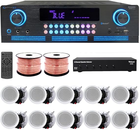 Vaiyer Home Audio System Kit, 2000 W Bluetooth Amplifier | w/ 10 Qty of 5.25" Framed Ceiling Speakers 175 W Each, 6-Ch Speaker Selector, 500 ft Speaker Wire & Remote for Home, Office