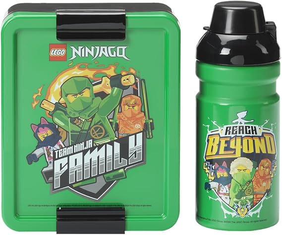 Room Copenhagen Lego Lunch Set - NINJAGO Design, Fun & Functional 390ml Bottle & Lunch Box for Kids & Adults, Dishwasher Safe, for Meals on The Go, Green & Black