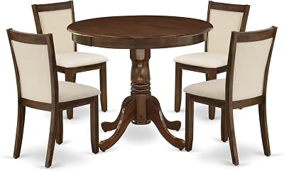 East West Furniture ANMZ5-AWA-32 5 Piece Dining Set Includes a Round Wooden Table with Pedestal and 4 Parson Kitchen Chairs, 36x36 Inch, Antique Walnut