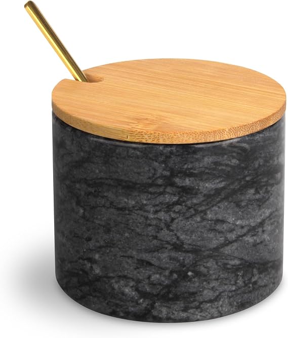 Marble Salt Cellar Box, Dark Grey,with Bamboo Lid & Metal Spoon