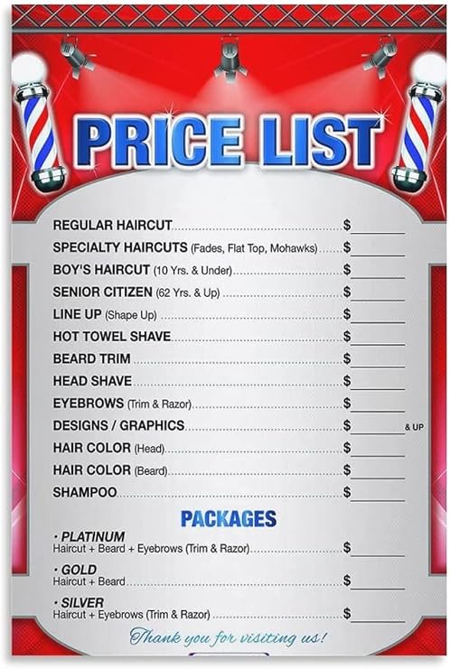 Barber Shop Price List Poster Barber Service Menu Wall Paper Hair Stylist Salon Poster Aesthetic Canvas Wall Art Living Room Bedroom Painting Living Room Decor 24x36 Frame (0812inch-No Framed)