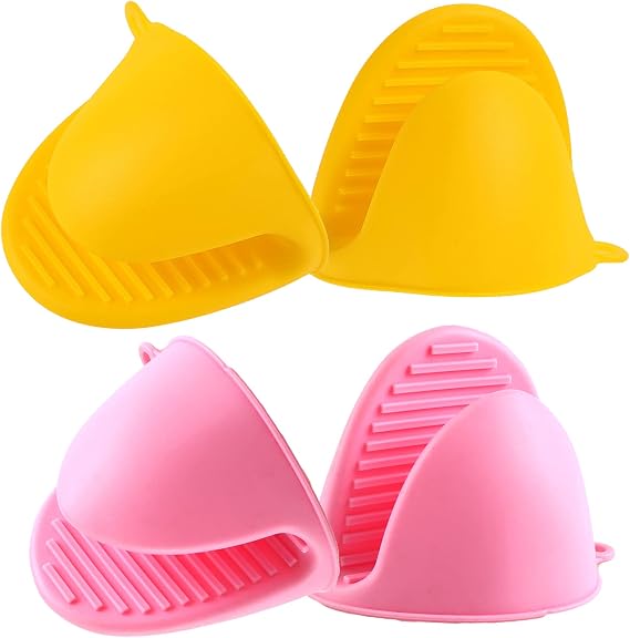 2 Pairs Mini Oven Gloves Silicone Oven Mitts Yellow and Pink | Silicone Heat Resistant Cooking Pinch Mitts Potholder for Kitchen Cooking & Baking