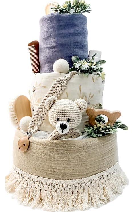 Teddy Bear Diaper Cake - Neutral Themed Diaper Cake - Handmade Baby Shower Gift, Unisex Diaper Cake Gender Neutral, Boy, Girl Baby Shower Centerpiece - Tumbleweed Babies
