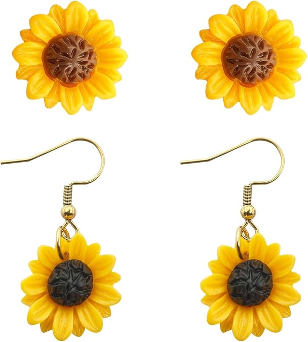2Pairs Sunflower Stud Earrings for Women Cute Sunflower Dangle Earrings Daisy Flower Drop Dangle Earrings Jewelry