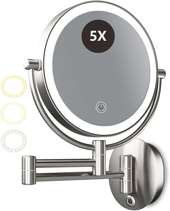 Touch Dimming Makeup Mirror with Lights, Hardwired Double Sided Wall Mounted Extendable LED Lighted Magnifying Vanity Mirror,Nickel,5X