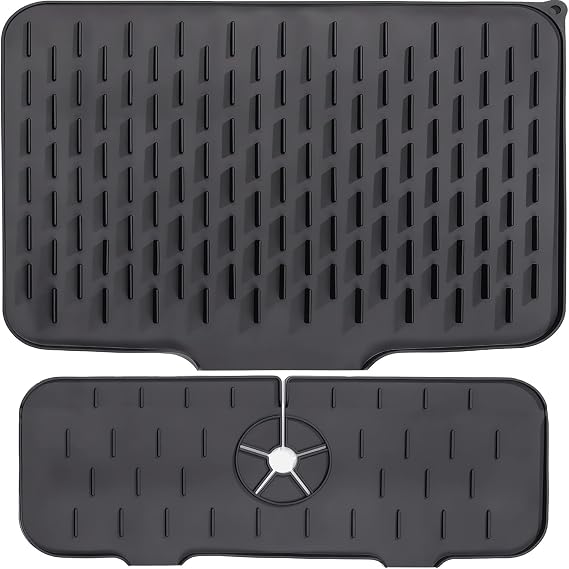 Dish Drying Mat for Kitchen Counter with Built-in Drain Lip and Kitchen Sink Splash Guard, Food-Grade Silicone, Easy Clean Pad for Countertop Protection, Multi-Functional Use, 2pack (Black, Large)