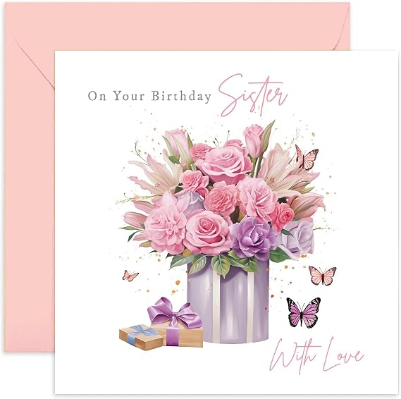 Old English Co. Sister Birthday Card Floral - Bouquet Birthday Card for Her - Pretty Greeting Cards For Women - Butterflies and Flowers - Gifts For Sister from Brother | Blank Inside with Envelope
