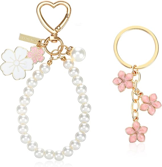 2 Pcs Cherry Blossom Keychain Wristlet, Pearl Keychains Wristlets, Pink Flower Charms Keychain Wristlet for Women, Golden Imitation Pearl Key Chain Handbag Backpack Accessories