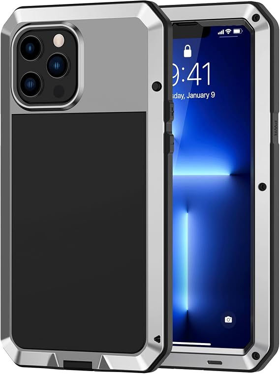Lanhiem for iPhone 13 Pro Metal Case, Heavy Duty Shockproof Tough Rugged Case with Built-in Glass Screen Protector, 360 Full Body Protective Cover for iPhone 13 Pro 6.1 inch, Silver