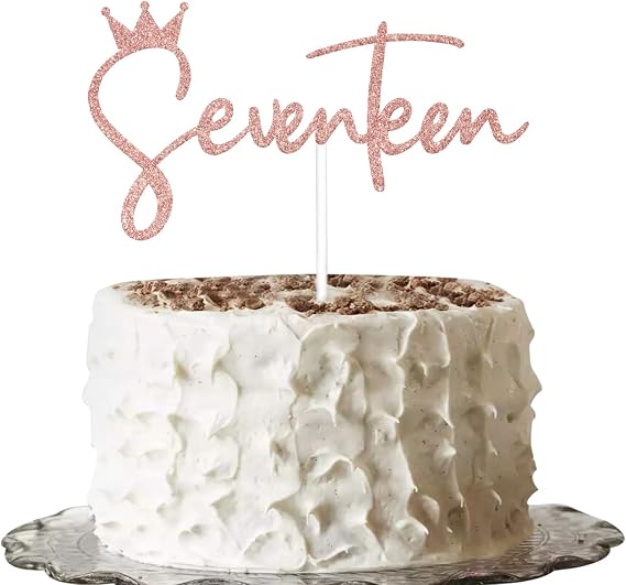 Rose Gold Glitter Seventeen Cake Topper, Boy Girl 17th Birthday Decorations, 17 Cake Topper, Cheers to 17 Years Cake Decor, Happy 17th Birthday Anniversary Party Decorations Supplies
