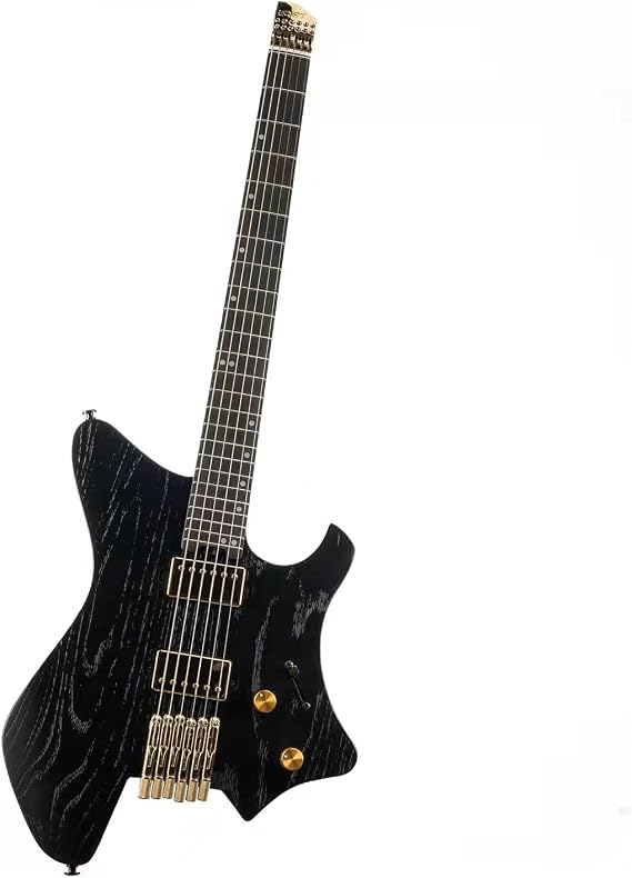 EART GW2-Pro Headless Electric Guitar fixed Bridge for Travel, Roasted Ash Solid-Body - Wenge Neck,Trans white/natural/Solid black(GD)