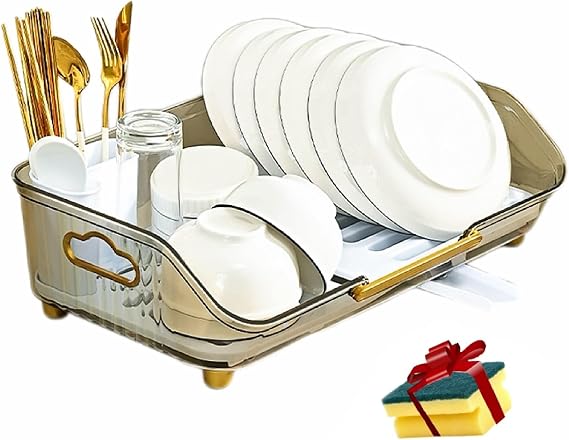 Plastic Dish Drying Rack, Plate Drying Rack, Simple Human Dish Drying Rack, Kitchen Aid Dish Drying Rack with Drainboard, 17" L*11" W*6" H,Gray