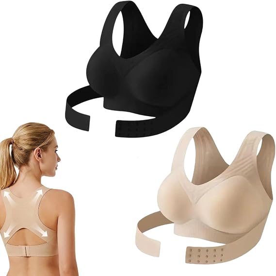 2Pack Posture Corrector Bra for Women, Front Closure Cross-Back Wireless Posture Bra, Full Coverage Back Support Brasieres
