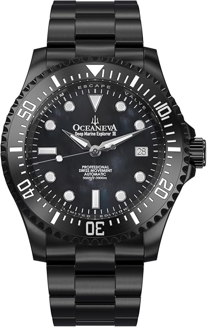 OceanevaTM Men's Deep Marine Explorer III 3000M Pro Diver Watch Black Mother of Pearl Dial Black IP - Stainless Steel Bracelet 38 Hour Power Reserve