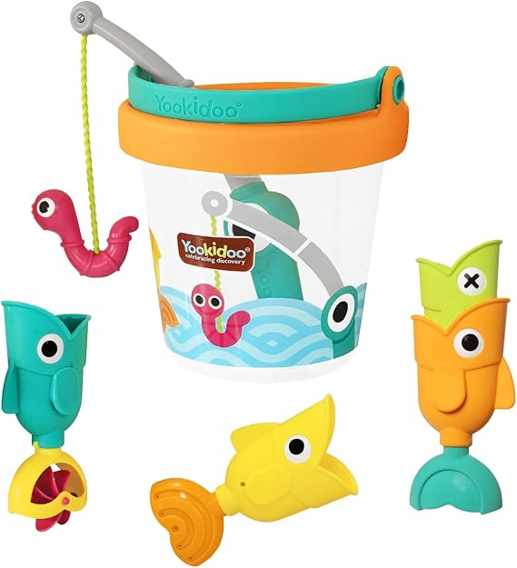 Yookidoo Fishing Set Bucket Bath Toys Magnetic Fishing Rod, Wriggling Fish + 3 Floating Fish with 3 Unique Effects Mold Free Catch N Sprinkle Bathtime & Pool Toy for Toddlers and Kids (Ages 26)