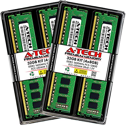 A-Tech 32GB Kit 4x8GB Memory RAM for Dell Precision T1700 - DDR3 1600MHz PC3-12800 ECC Unbuffered UDIMM 2Rx8 1.5V - Server